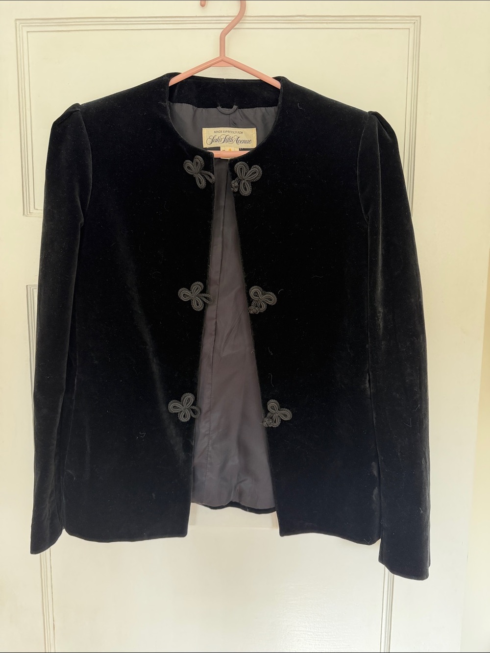 Saks Fifth Avenue Black Velvet Collarless Jacket with Frog Closures